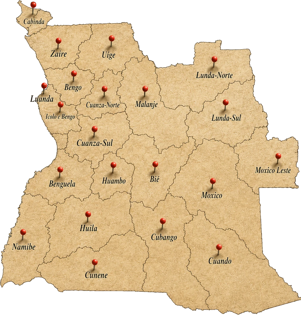 Mapa actualizado de Angola com divisão político-administrativa
